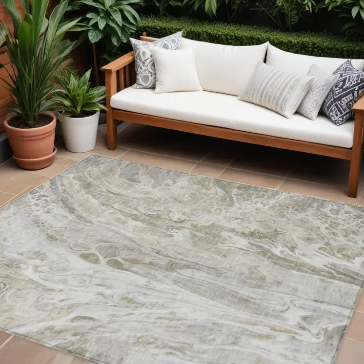 9' X 12' Taupe Beige And Ivory Abstract Washable Indoor Outdoor Area Rug