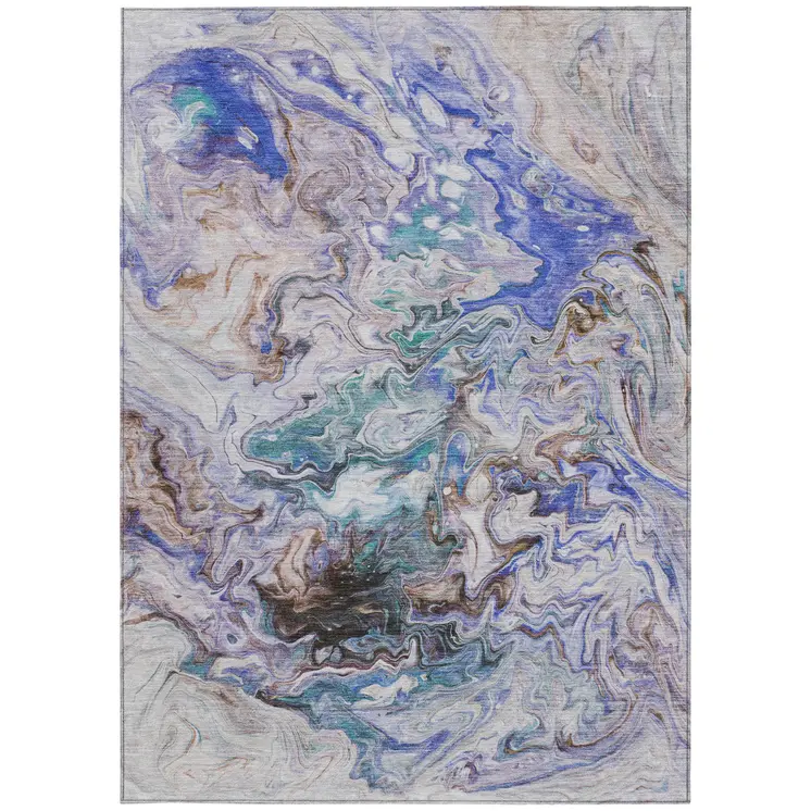 5' X 8' Beige Blue And Taupe Abstract Washable Indoor Outdoor Area Rug