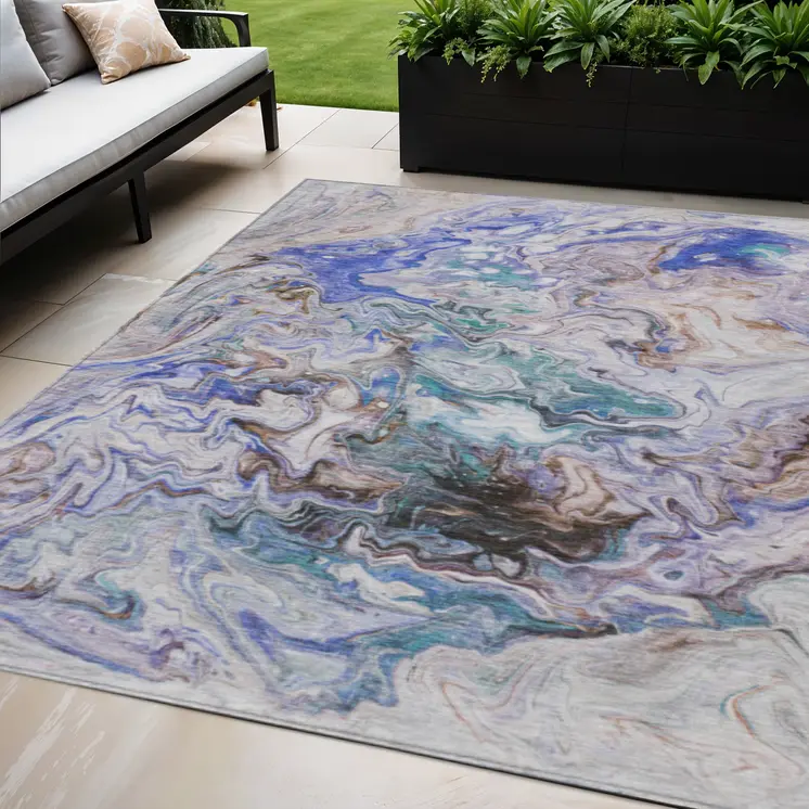 5' X 8' Beige Blue And Taupe Abstract Washable Indoor Outdoor Area Rug