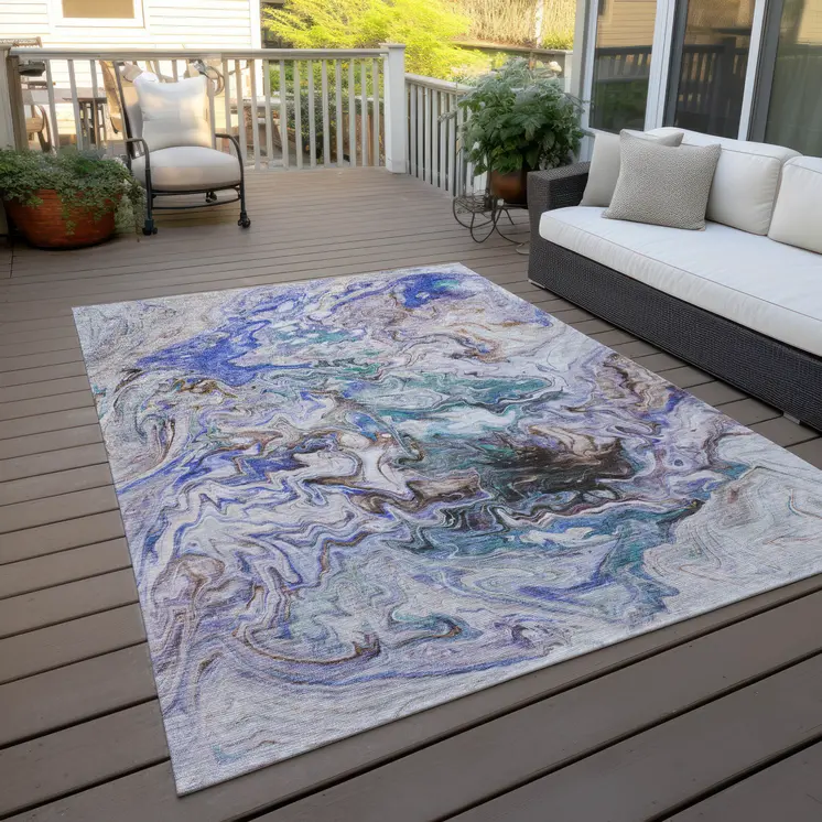 5' X 8' Beige Blue And Taupe Abstract Washable Indoor Outdoor Area Rug