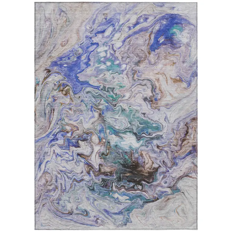 5' X 8' Beige Blue And Taupe Abstract Washable Indoor Outdoor Area Rug