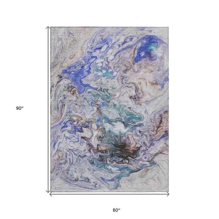 5' X 8' Beige Blue And Taupe Abstract Washable Indoor Outdoor Area Rug