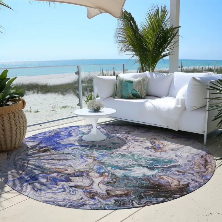 8' Beige Blue And Taupe Round Abstract Washable Indoor Outdoor Area Rug