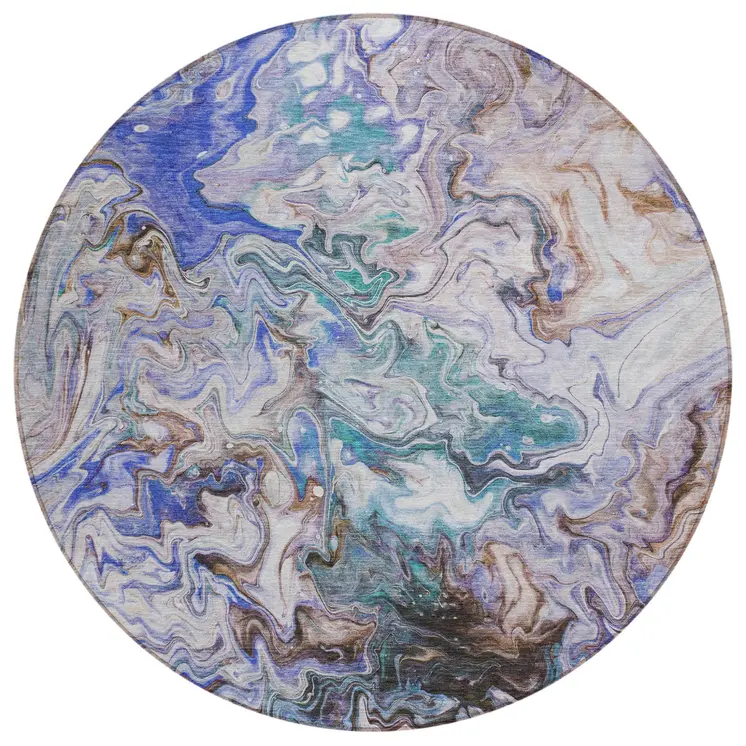 8' Beige Blue And Taupe Round Abstract Washable Indoor Outdoor Area Rug
