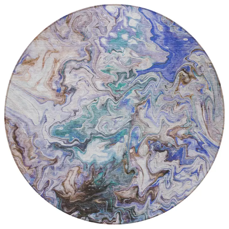 8' Beige Blue And Taupe Round Abstract Washable Indoor Outdoor Area Rug