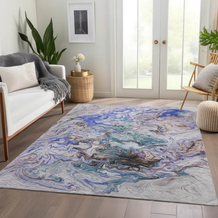 9' X 12' Beige Blue And Taupe Abstract Washable Indoor Outdoor Area Rug