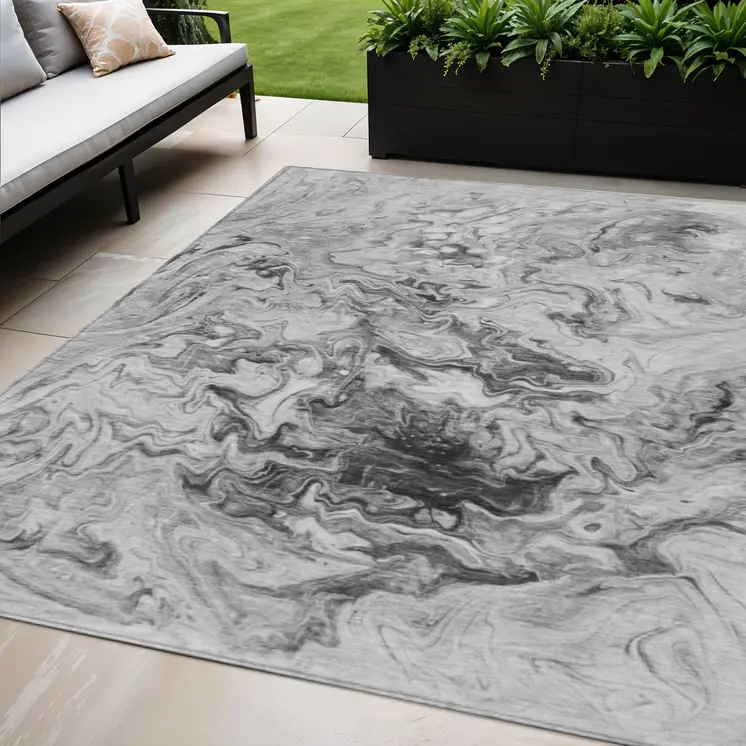 5' X 8' Gray Charcoal And Silver Abstract Washable Indoor Outdoor Area Rug