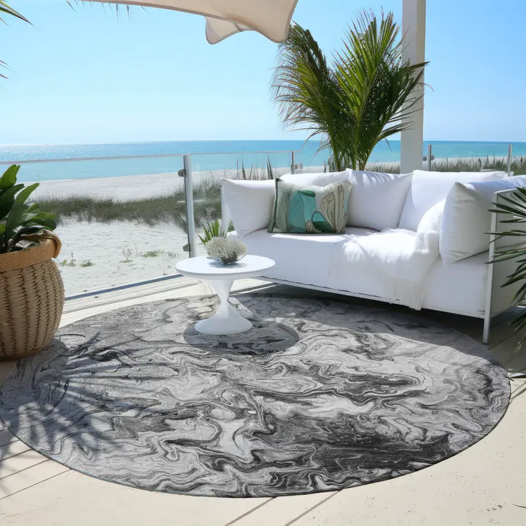 8' Gray Charcoal And Silver Round Abstract Washable Indoor Outdoor Area Rug