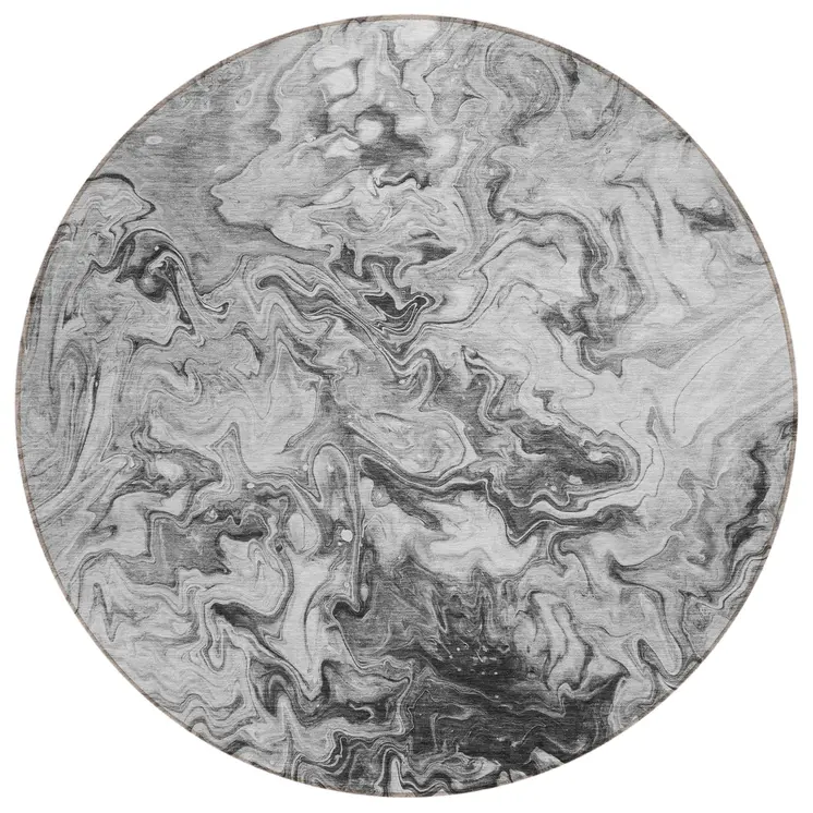 8' Gray Charcoal And Silver Round Abstract Washable Indoor Outdoor Area Rug
