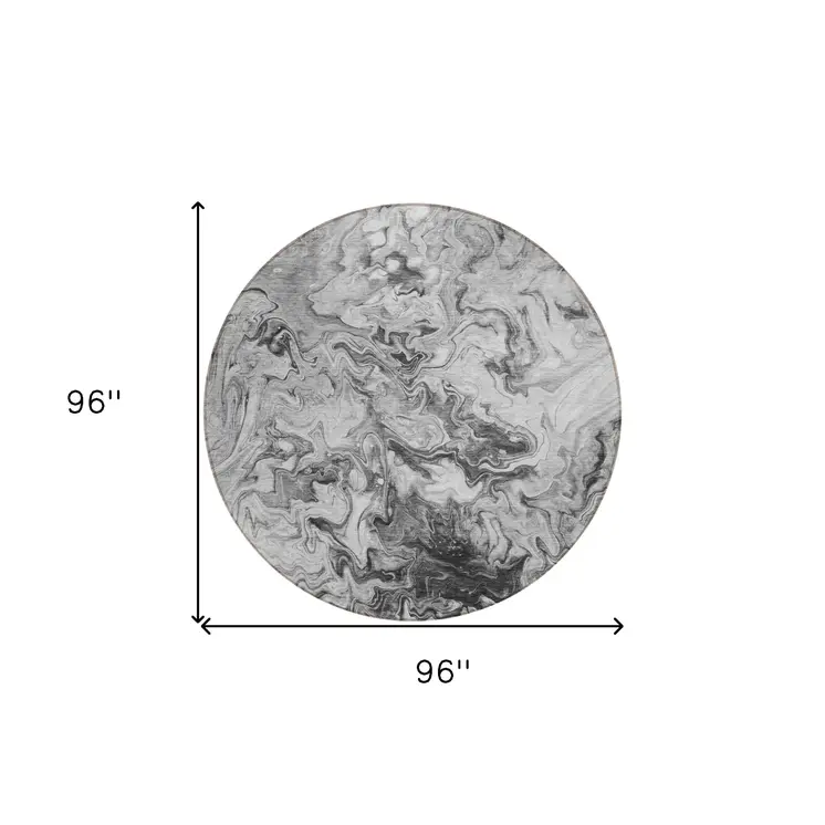 8' Gray Charcoal And Silver Round Abstract Washable Indoor Outdoor Area Rug