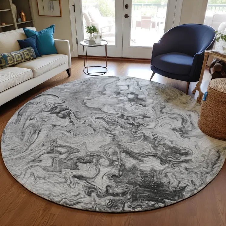 8' Gray Charcoal And Silver Round Abstract Washable Indoor Outdoor Area Rug