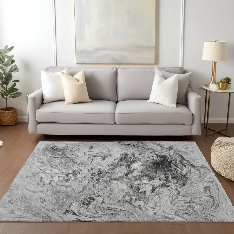 9' X 12' Gray Charcoal And Silver Abstract Washable Indoor Outdoor Area Rug