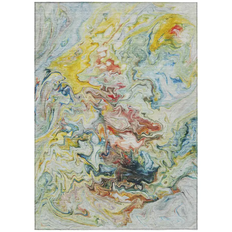 3' X 5' Ivory Blue And Yellow Abstract Washable Indoor Outdoor Area Rug