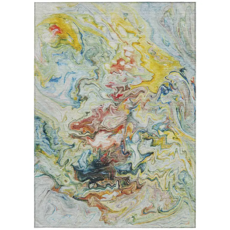 5' X 8' Ivory Blue And Yellow Abstract Washable Indoor Outdoor Area Rug