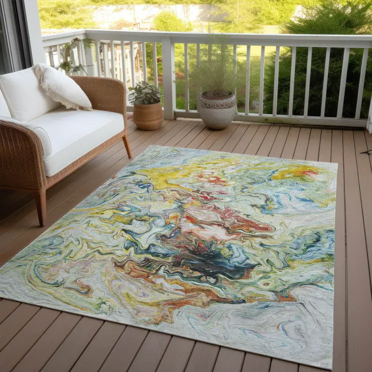 5' X 8' Ivory Blue And Yellow Abstract Washable Indoor Outdoor Area Rug