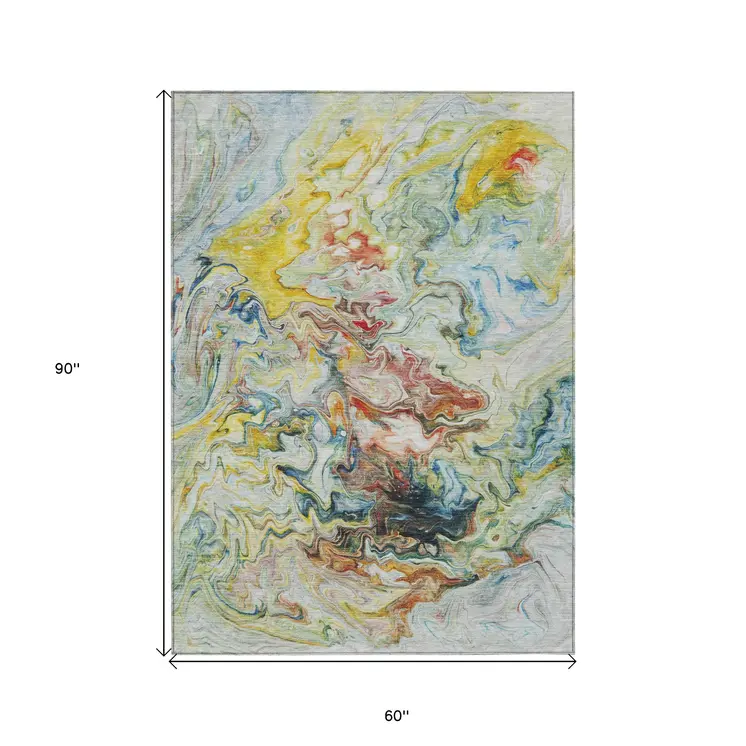 5' X 8' Ivory Blue And Yellow Abstract Washable Indoor Outdoor Area Rug