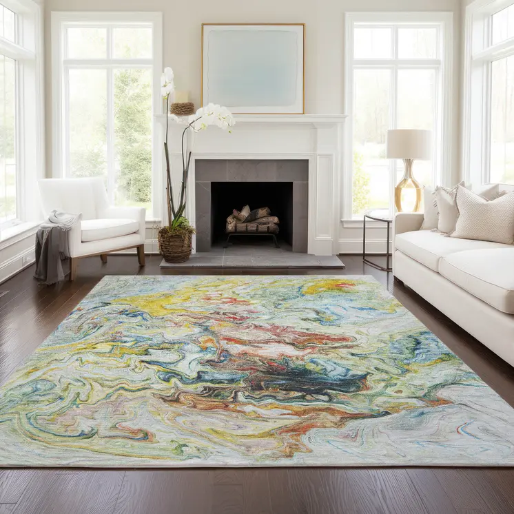 5' X 8' Ivory Blue And Yellow Abstract Washable Indoor Outdoor Area Rug
