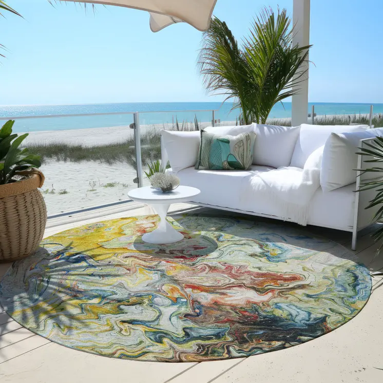 8' Ivory Blue And Yellow Round Abstract Washable Indoor Outdoor Area Rug