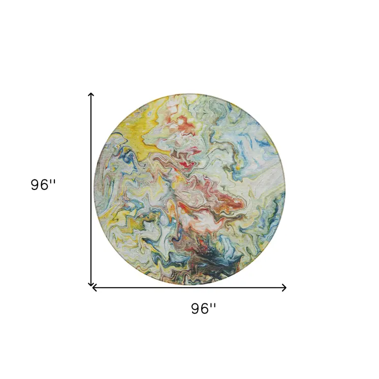 8' Ivory Blue And Yellow Round Abstract Washable Indoor Outdoor Area Rug