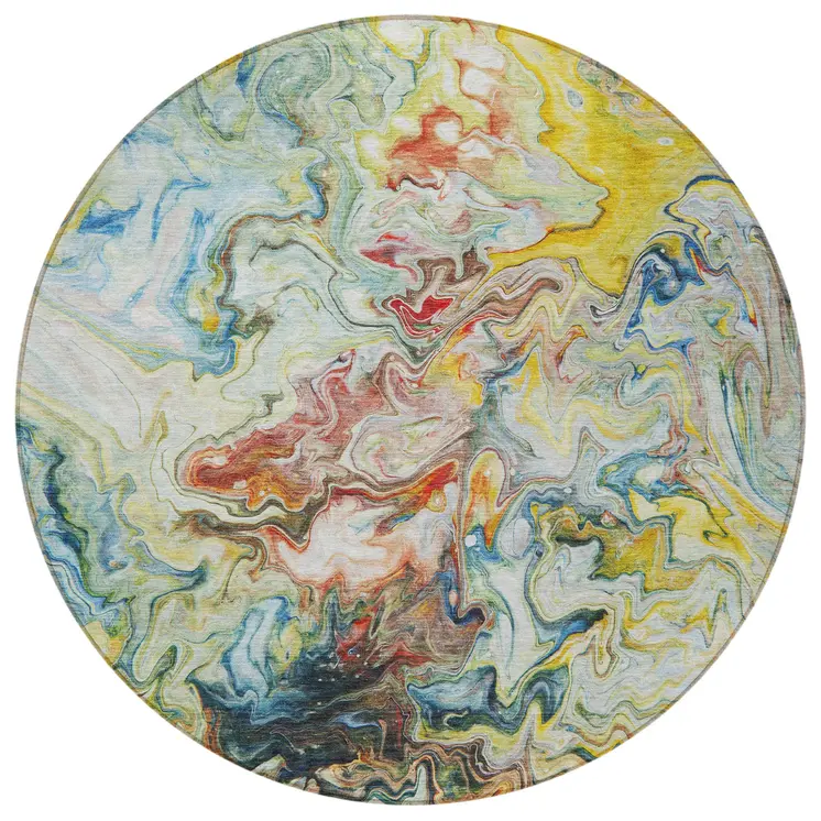 8' Ivory Blue And Yellow Round Abstract Washable Indoor Outdoor Area Rug