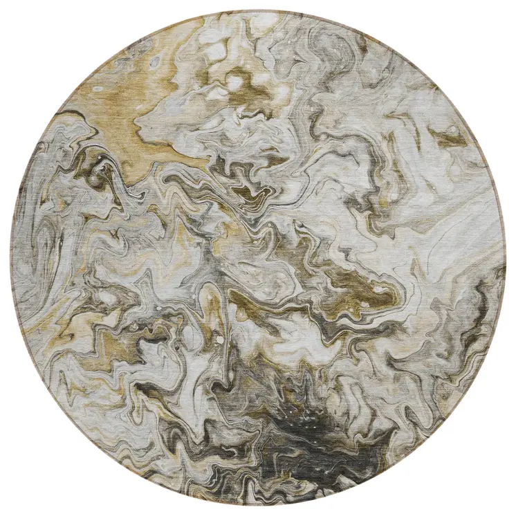 8' Taupe Beige And Ivory Round Abstract Washable Indoor Outdoor Area Rug