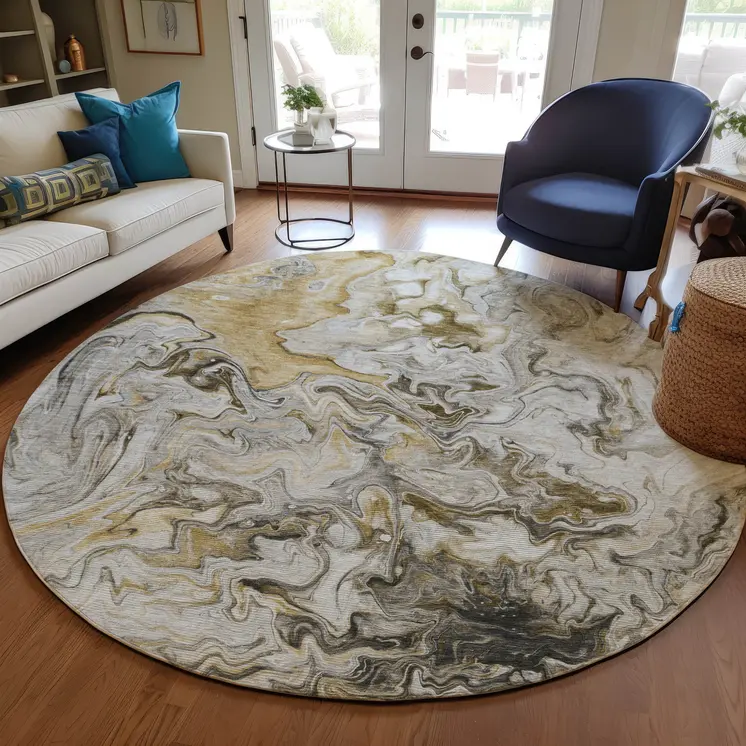 8' Taupe Beige And Ivory Round Abstract Washable Indoor Outdoor Area Rug