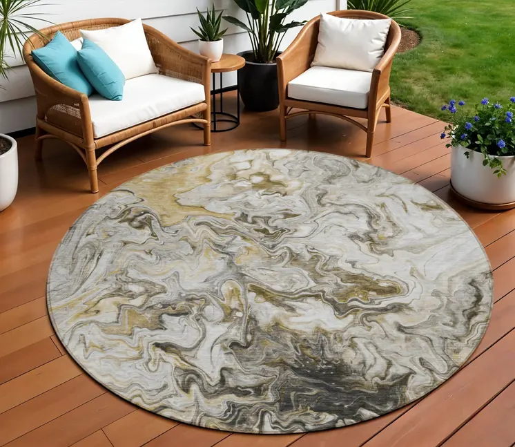 8' Taupe Beige And Ivory Round Abstract Washable Indoor Outdoor Area Rug