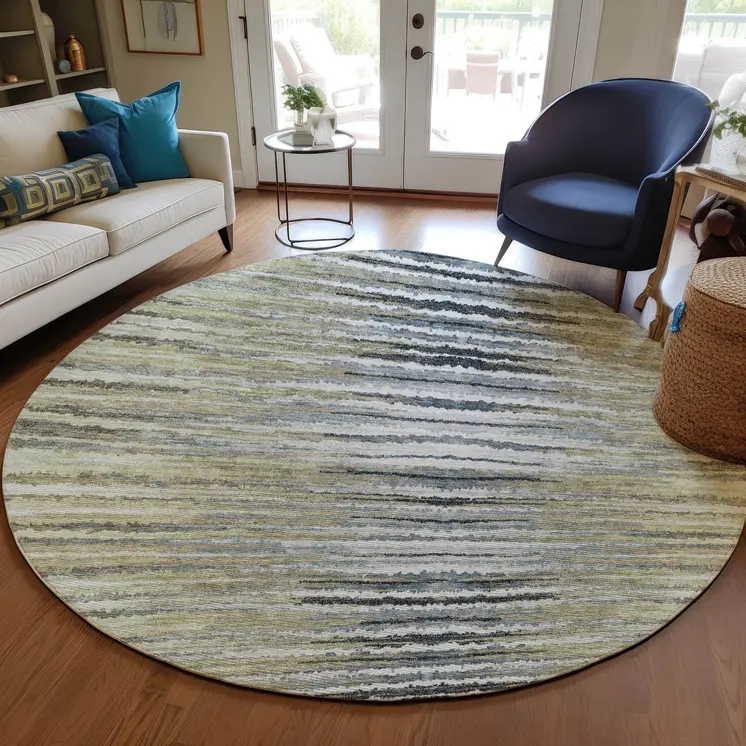 8' Beige Tan And Taupe Round Striped Washable Indoor Outdoor Area Rug