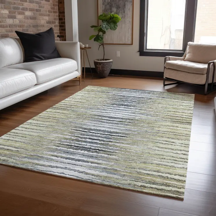 10' X 14' Beige Tan And Taupe Striped Washable Indoor Outdoor Area Rug
