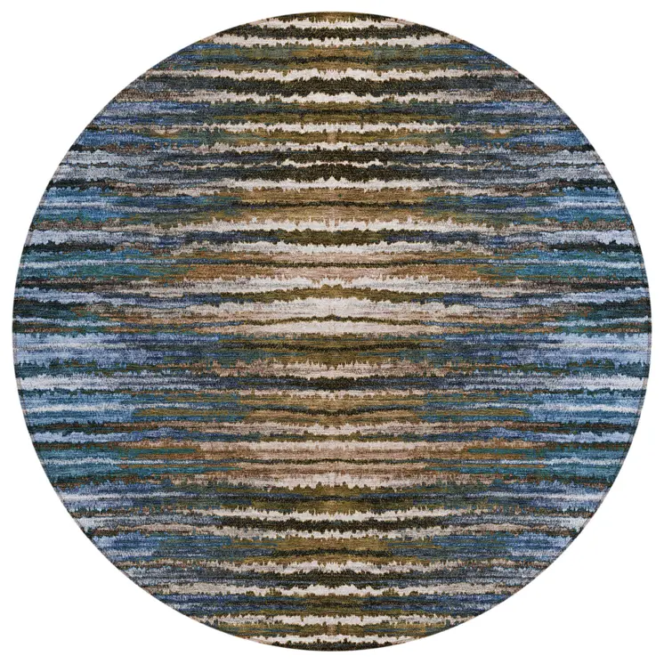 8' Blue Brown And Sky Blue Round Striped Washable Indoor Outdoor Area Rug