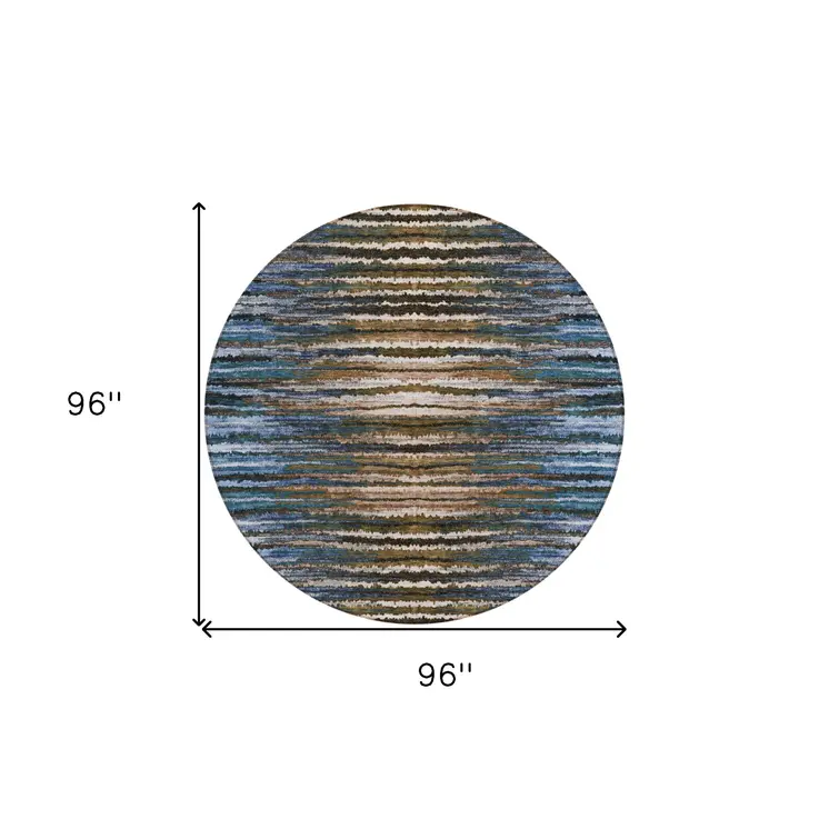 8' Blue Brown And Sky Blue Round Striped Washable Indoor Outdoor Area Rug