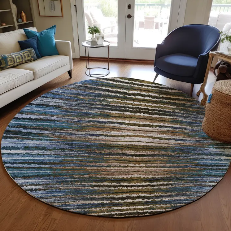 8' Blue Brown And Sky Blue Round Striped Washable Indoor Outdoor Area Rug