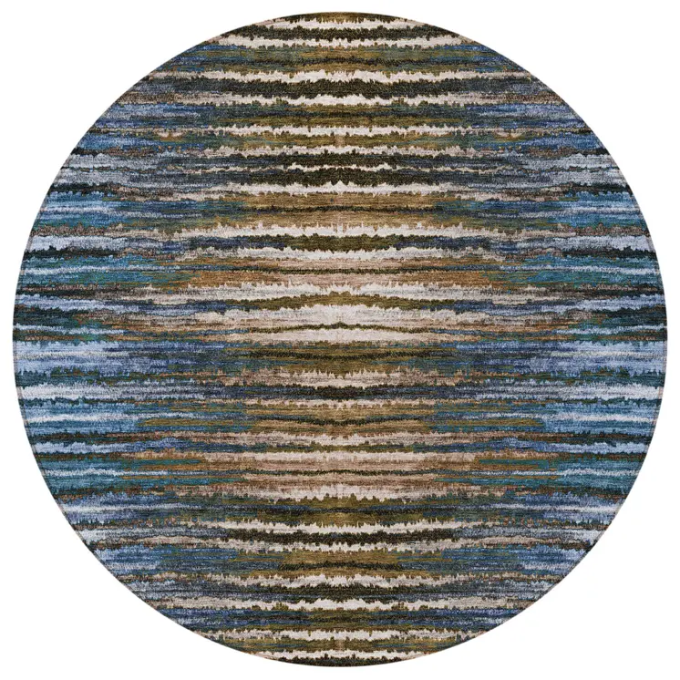 8' Blue Brown And Sky Blue Round Striped Washable Indoor Outdoor Area Rug