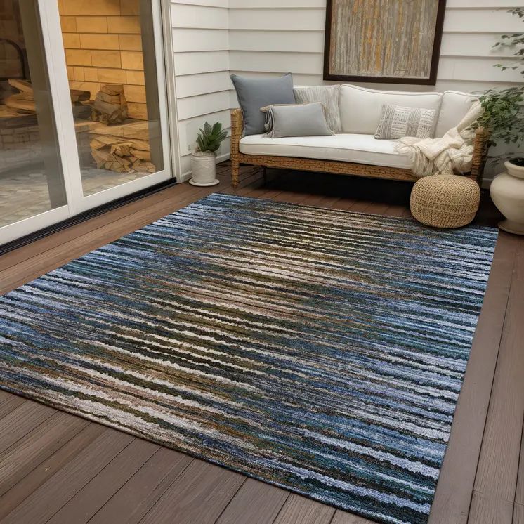 8' X 10' Blue Brown And Sky Blue Striped Washable Indoor Outdoor Area Rug