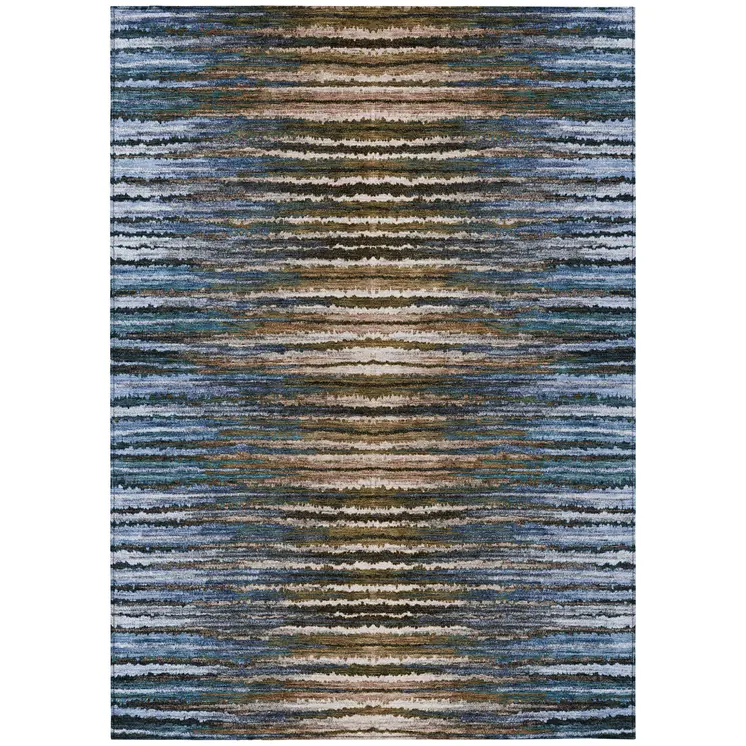 8' X 10' Blue Brown And Sky Blue Striped Washable Indoor Outdoor Area Rug