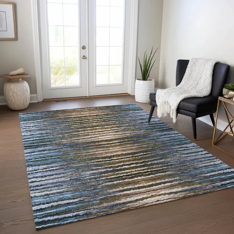 8' X 10' Blue Brown And Sky Blue Striped Washable Indoor Outdoor Area Rug