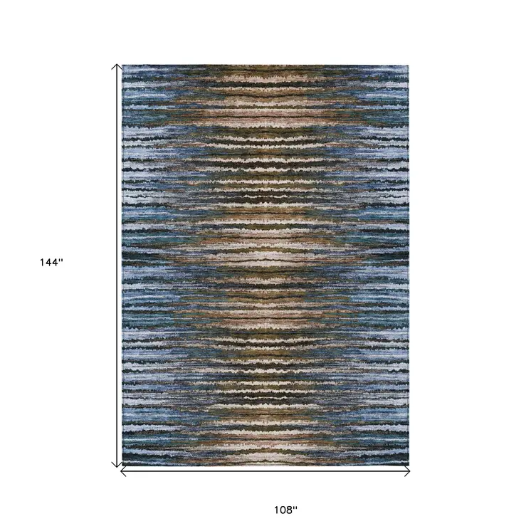 9' X 12' Blue Brown And Sky Blue Striped Washable Indoor Outdoor Area Rug