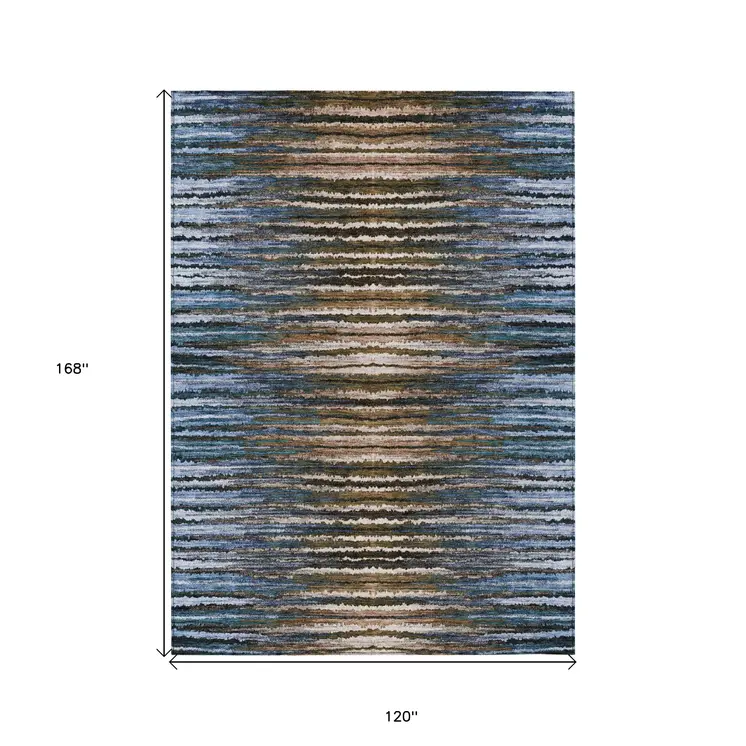 10' X 14' Blue Brown And Sky Blue Striped Washable Indoor Outdoor Area Rug