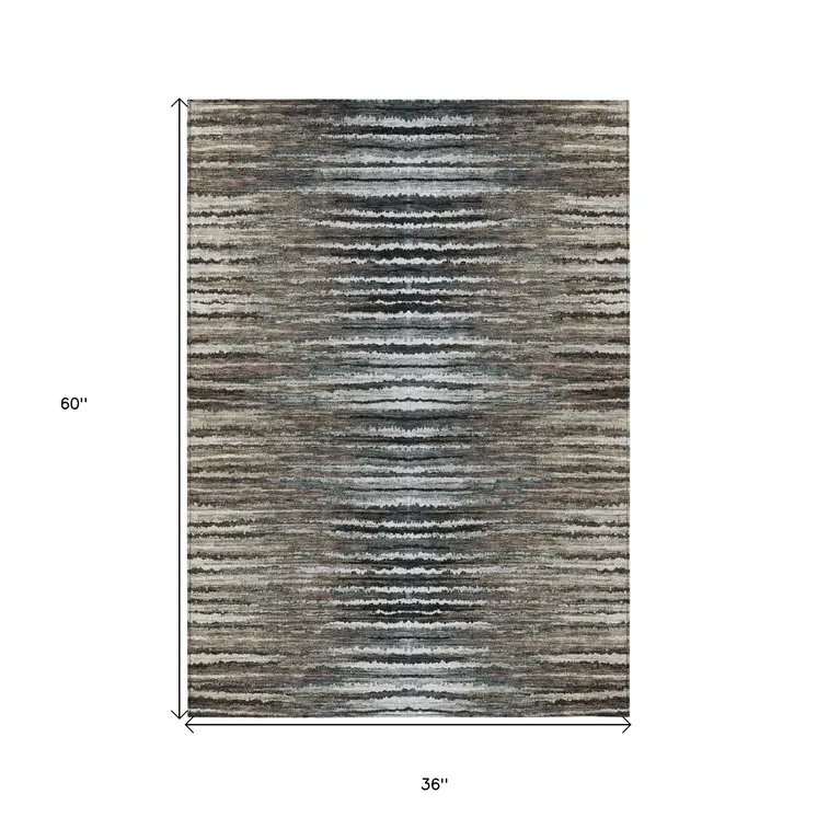 3' X 5' Brown Taupe And Chocolate Striped Washable Indoor Outdoor Area Rug