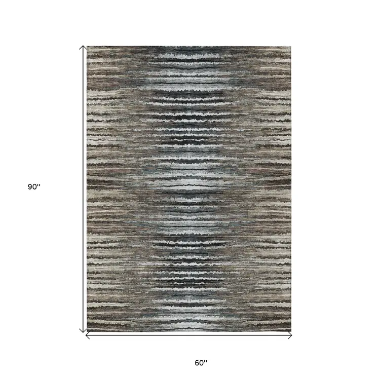 5' X 8' Brown Taupe And Chocolate Striped Washable Indoor Outdoor Area Rug