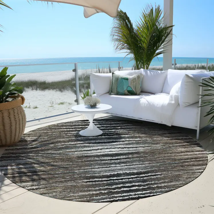 8' Brown Taupe And Chocolate Round Striped Washable Indoor Outdoor Area Rug