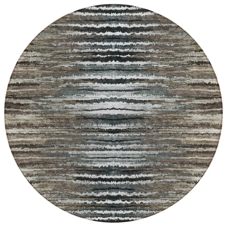 8' Brown Taupe And Chocolate Round Striped Washable Indoor Outdoor Area Rug
