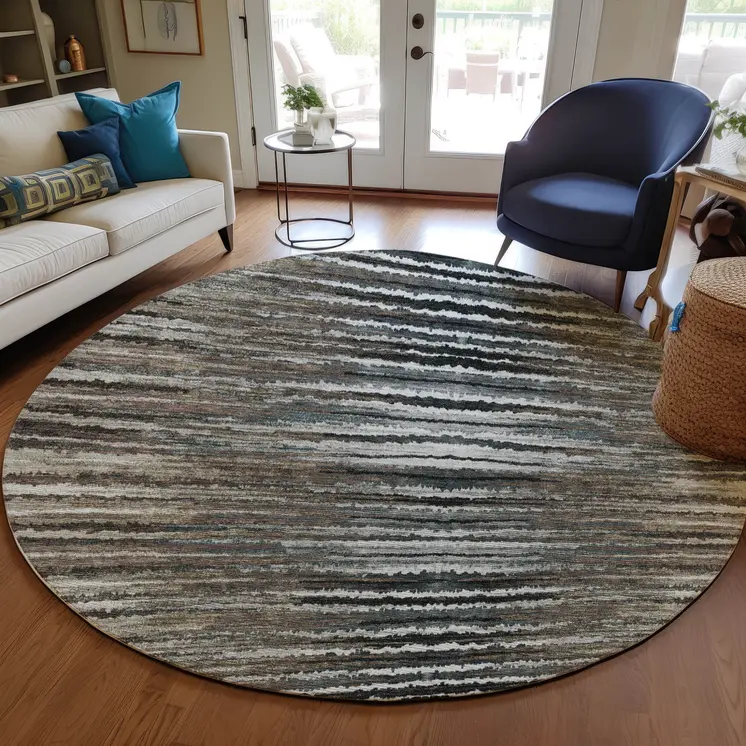 8' Brown Taupe And Chocolate Round Striped Washable Indoor Outdoor Area Rug