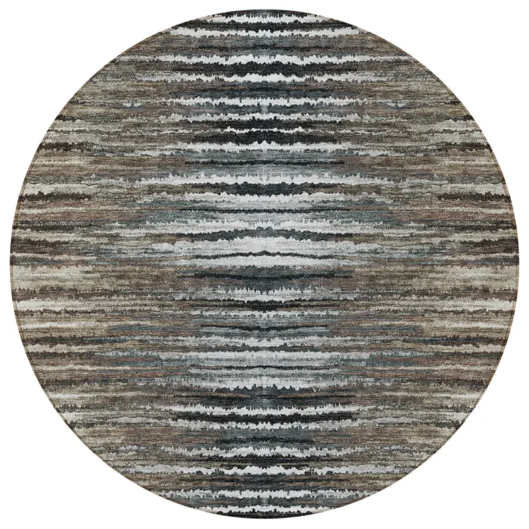 8' Brown Taupe And Chocolate Round Striped Washable Indoor Outdoor Area Rug