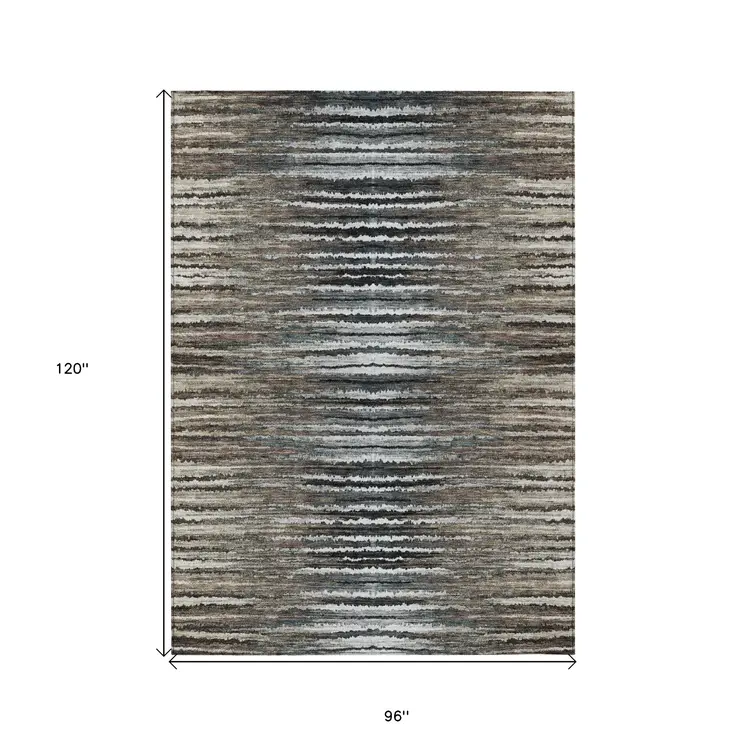 8' X 10' Brown Taupe And Chocolate Striped Washable Indoor Outdoor Area Rug
