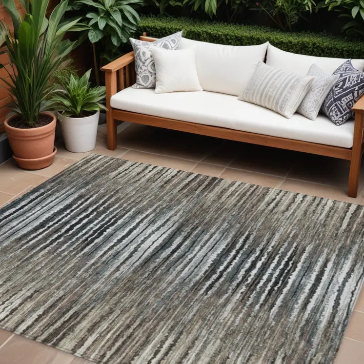 9' X 12' Brown Taupe And Chocolate Striped Washable Indoor Outdoor Area Rug