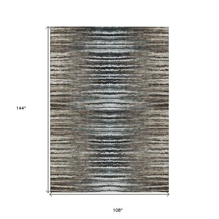 9' X 12' Brown Taupe And Chocolate Striped Washable Indoor Outdoor Area Rug