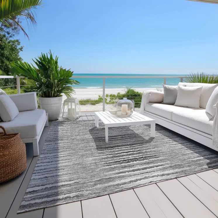 10' X 14' Silver Gray And Charcoal Striped Washable Indoor Outdoor Area Rug