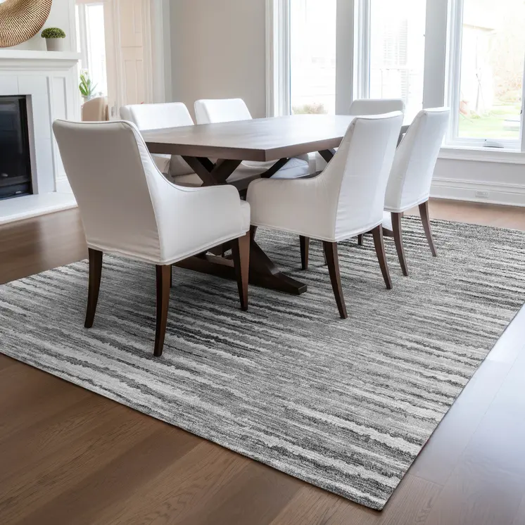 10' X 14' Silver Gray And Charcoal Striped Washable Indoor Outdoor Area Rug