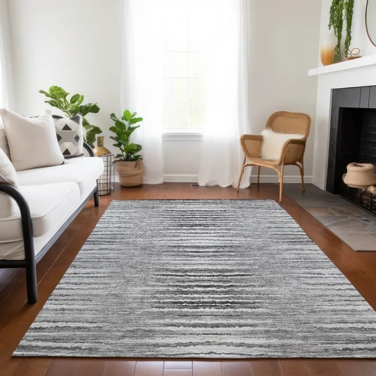 10' X 14' Silver Gray And Charcoal Striped Washable Indoor Outdoor Area Rug
